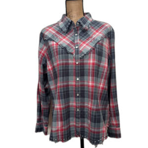 Gordon & James Mustang Oasis Western Shirt Embellished Red Gray Plaid Size XL